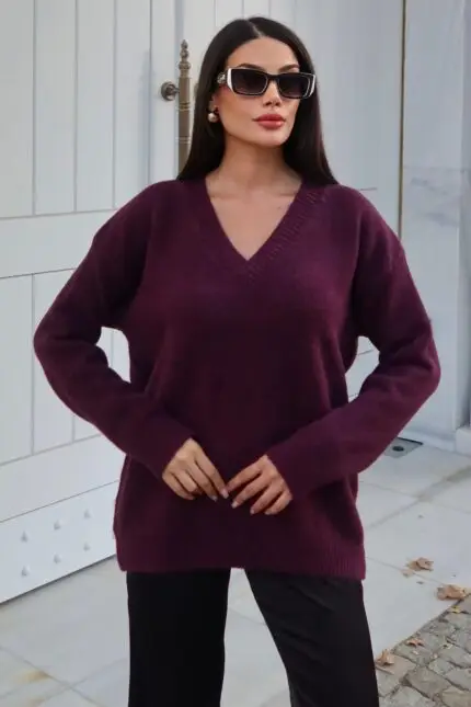 Toptan V Yaka Oversize Triko Kazak 3096 Bordo - Kechi Woman