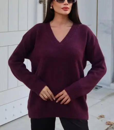 Toptan V Yaka Oversize Triko Kazak 3096 Bordo - Kechi Woman