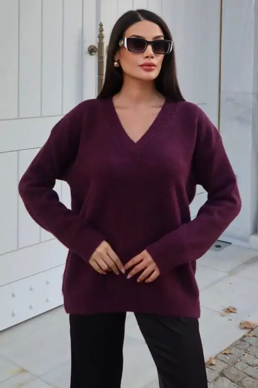 Toptan V Yaka Oversize Triko Kazak 3096 Bordo - Kechi Woman