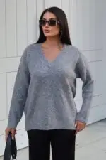 Toptan V Yaka Oversize Triko Kazak 3096 Gri - Kechi Woman