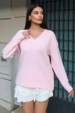 Toptan V Yaka Oversize Triko Kazak 3096 Pembe - Kechi Woman