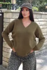 Toptan V Yaka Oversize Triko Kazak 3096 Haki - Kechi Woman