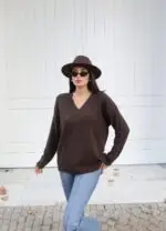 Toptan V Yaka Oversize Triko Kazak 3096 - Kechi Woman