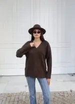Toptan V Yaka Oversize Triko Kazak 3096 - Kechi Woman
