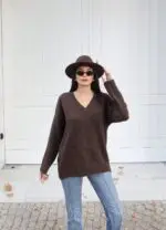 Toptan V Yaka Oversize Triko Kazak 3096 - Kechi Woman