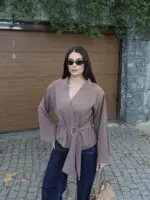 Toptan Linda Twill Kumaş Kuşaklı Aksesuarlı Ceket 3109 - Kechi Woman