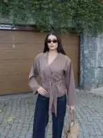 Toptan Linda Twill Kumaş Kuşaklı Aksesuarlı Ceket 3109 - Kechi Woman