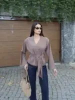 Toptan Linda Twill Kumaş Kuşaklı Aksesuarlı Ceket 3109 - Kechi Woman