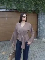 Toptan Linda Twill Kumaş Kuşaklı Aksesuarlı Ceket 3109 - Kechi Woman