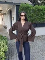 Toptan Linda Twill Kumaş Kuşaklı Aksesuarlı Ceket 3109 - Kechi Woman
