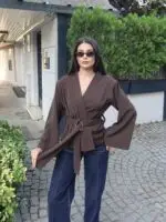 Toptan Linda Twill Kumaş Kuşaklı Aksesuarlı Ceket 3109 - Kechi Woman