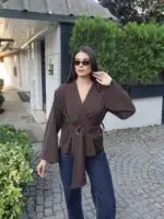 Toptan Linda Twill Kumaş Kuşaklı Aksesuarlı Ceket 3109 - Kechi Woman