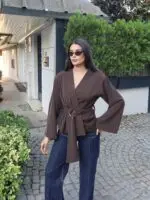 Toptan Linda Twill Kumaş Kuşaklı Aksesuarlı Ceket 3109 - Kechi Woman