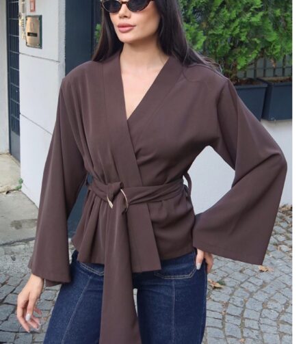 Toptan Linda Twill Kumaş Kuşaklı Aksesuarlı Ceket 3109 Kahverengi - Kechi Woman