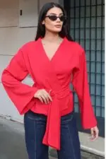 Toptan Linda Twill Kumaş Kuşaklı Aksesuarlı Ceket 3109 Kırmızı - Kechi Woman