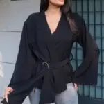 Toptan Linda Twill Kumaş Kuşaklı Aksesuarlı Ceket 3109 Siyah - Kechi Woman