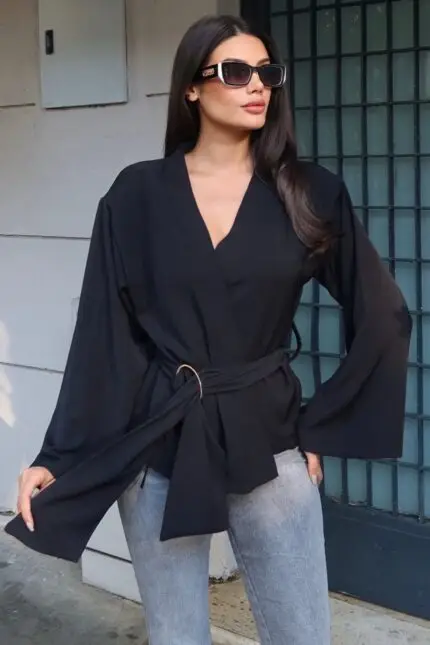 Toptan Linda Twill Kumaş Kuşaklı Aksesuarlı Ceket 3109 Siyah - Kechi Woman