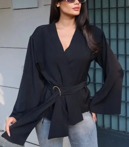 Toptan Linda Twill Kumaş Kuşaklı Aksesuarlı Ceket 3109 Siyah - Kechi Woman