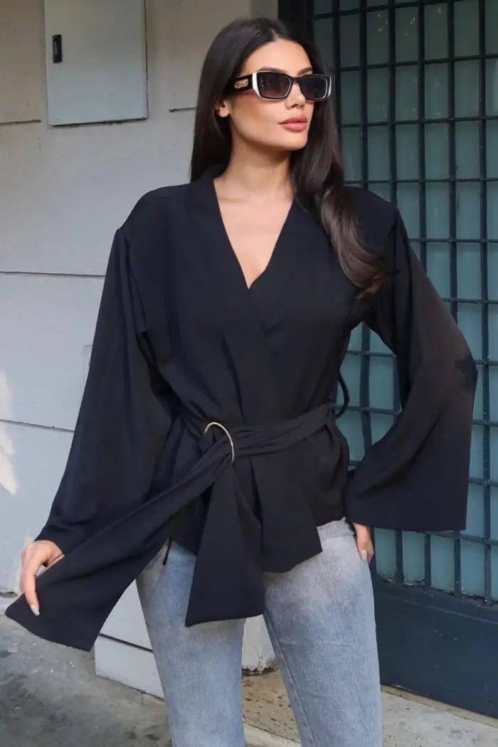 Toptan Linda Twill Kumaş Kuşaklı Aksesuarlı Ceket 3109 Siyah - Kechi Woman