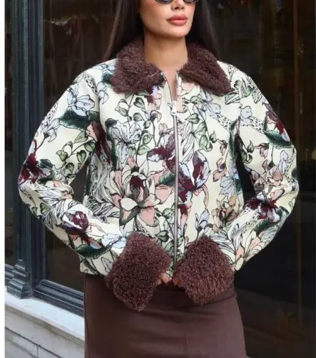 Toptan Desenli Yaka Kürklü Ceket 3132 Desenli - Kechi Woman