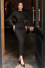Toptan Dalgıç Kumaş Drapeli Elbise 3153 Siyah - Kechi Woman