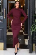 Toptan Dalgıç Kumaş Drapeli Elbise 3153 Mürdüm - Kechi Woman
