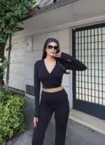 Toptan Kruvaze Yaka Uzun Kollu Crop Bluz 4004 - Kechi Woman