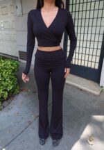 Toptan Kruvaze Yaka Uzun Kollu Crop Bluz 4004 - Kechi Woman