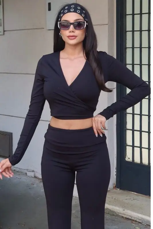 Toptan Kruvaze Yaka Uzun Kollu Crop Bluz 4004 Siyah - Kechi Woman