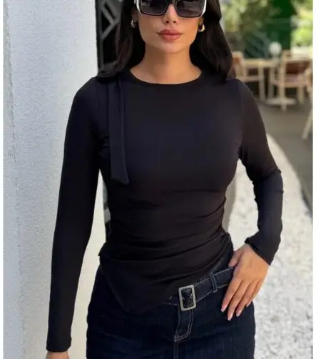 Toptan Dalgıç Kumaş Omuz Kurdeleli Bluz 4014 Siyah - Kechi Woman