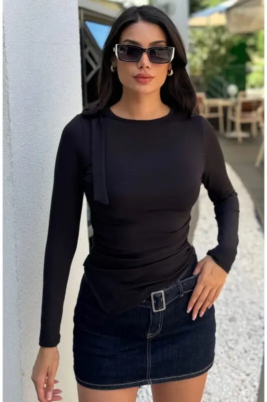 Toptan Dalgı&ccedil; Kumaş Omuz Kurdeleli Bluz 4014 Siyah - Kechi Woman